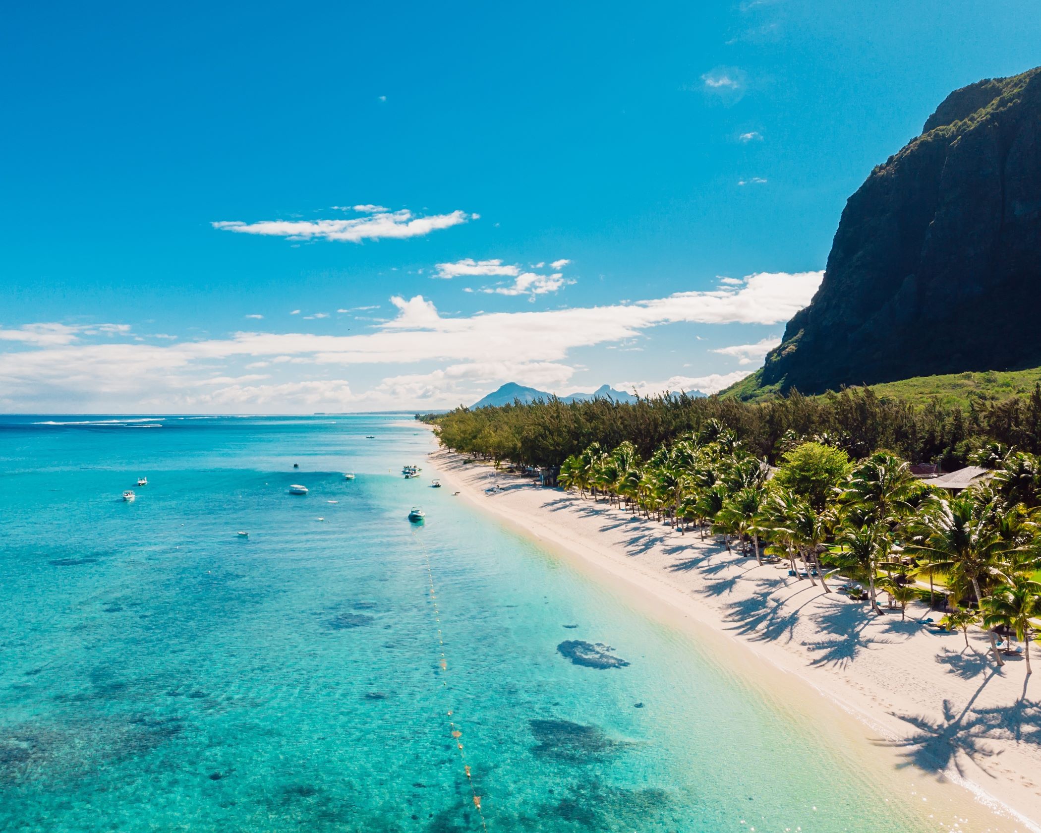 Mauritius von oben: Traumstrand mit Palmen, Meer und Bergkulisse | © Adobe Stock