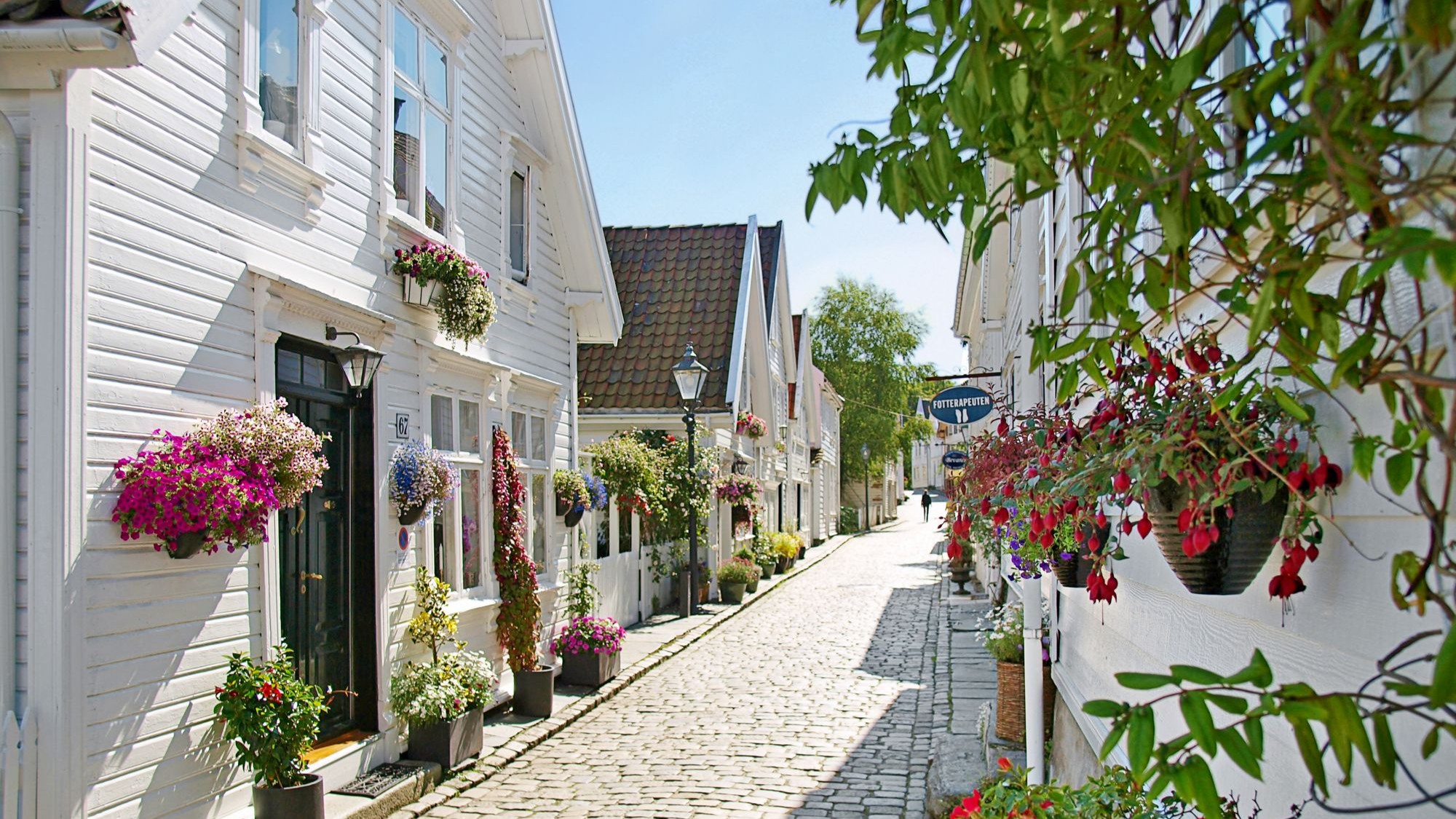 Kleine, hübsche Straße mit weißen Häusern und Pflanzen in Skandinavien | © AIDA Cruises